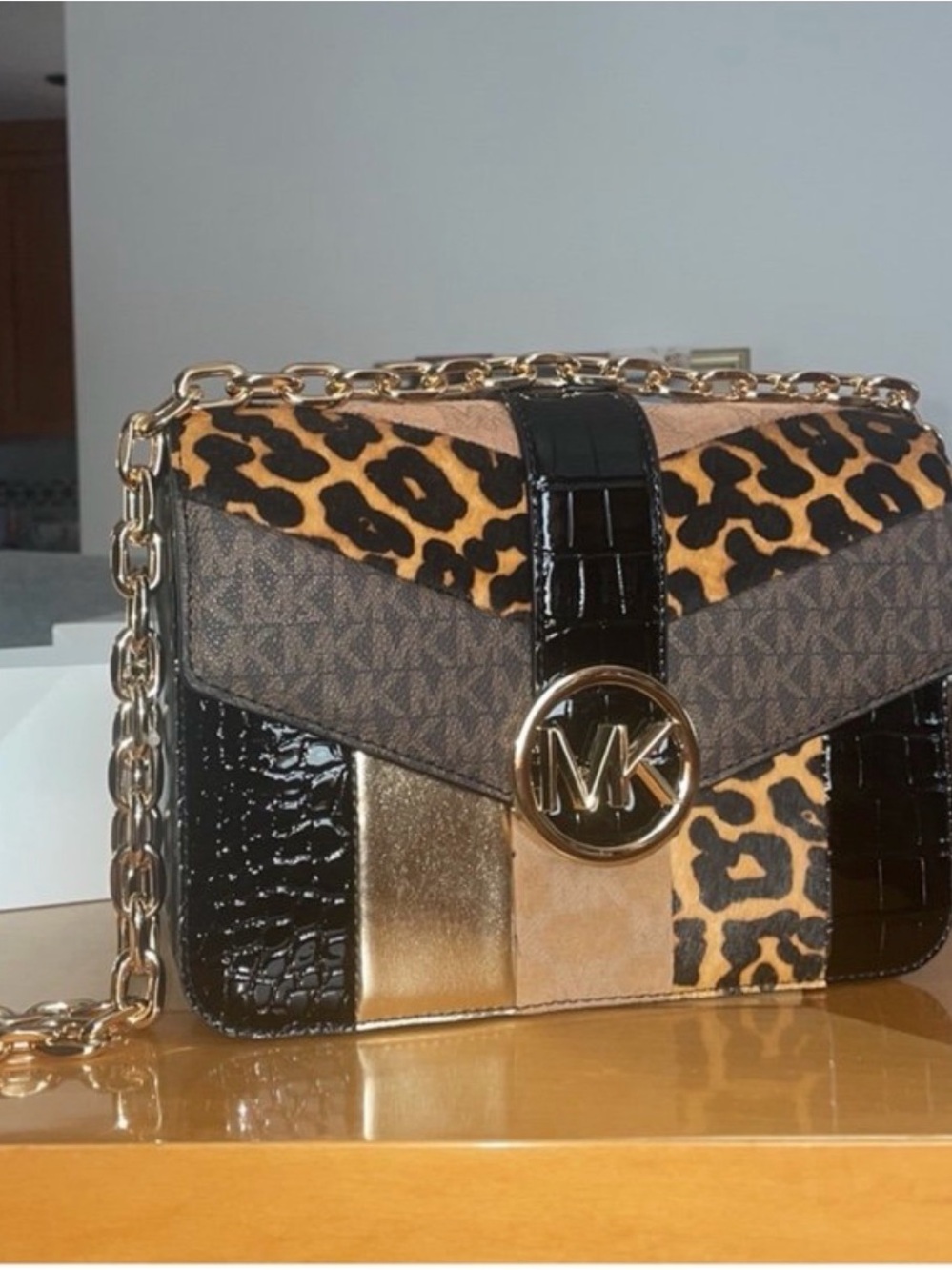 Michael Kors Patchwork Leopard Chain Crossbody in Brown/Gold/Black